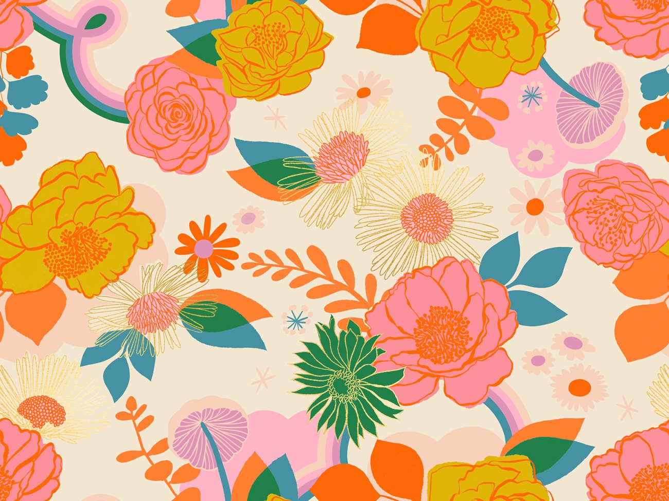 Patchwork Baumwolle - Melody Miller - Reverie - Metallic Flower - Natural